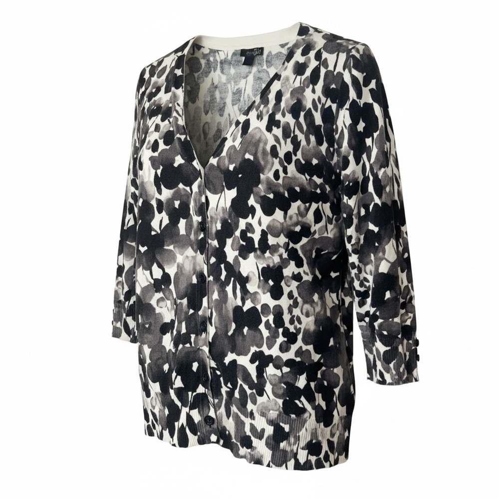 East 5th Floral Watercolor Knit Cardigan Sweater Black White Gray XL 3/4 Sleeve